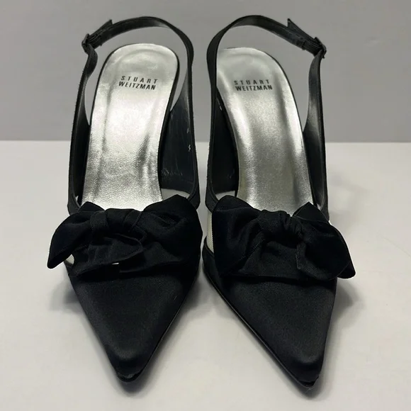 Stuart Weitzman Babe Black Satin Heels, size 8 slingback, bow front with mesh - Picture 3 of 12